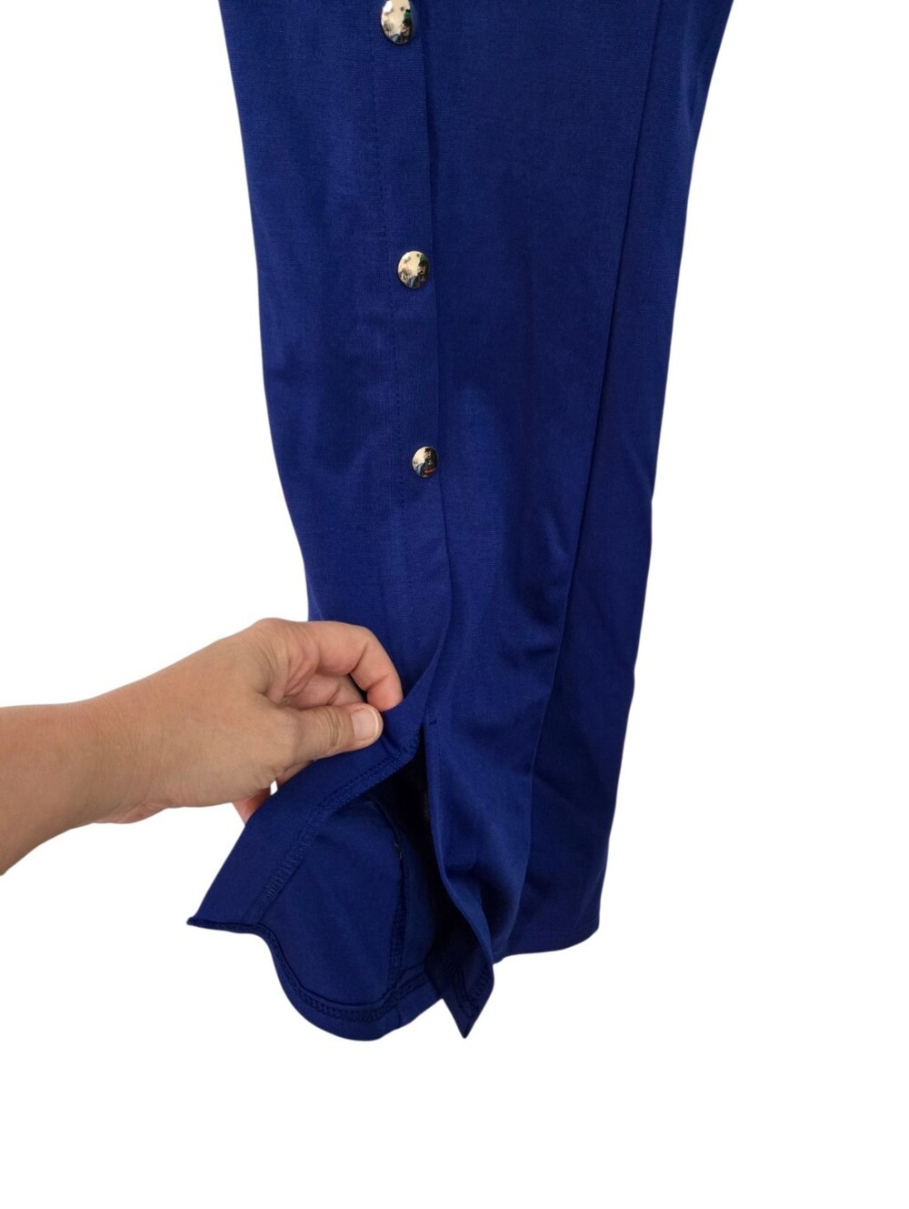 Royal Blue Gold Button Split Hem Pants Women’s XL Stretch Pull On Statement Trou - Picture 3 of 6